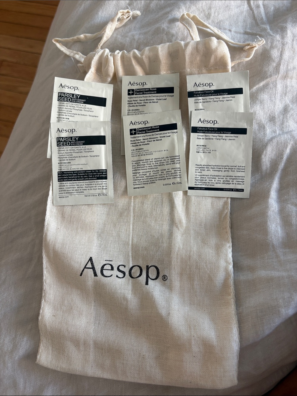 AESOP 6 packettes with branded Natural Cotton Drawstring pouch
